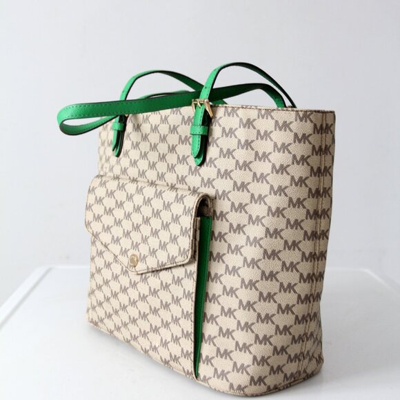 Michael Kors Monogram Canvas Tote Bag with Green Leather Handles - Picture 4 of 16